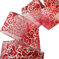 Band mit Drahtkante 63mm - Organza Curls Rot Silber Glitzer (Rolle 5 Meter)