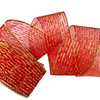Band mit Drahtkante 63mm - Organza Punkte Streifen Rot Gold Glitzer (Rolle 5 Meter)