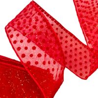 Band mit Drahtkante 63mm - Organza Samt Punkte Glitzer Rot Gold (Rolle 5 Meter)