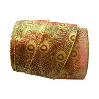 Band mit Drahtkante 63mm - Herbst Pfau Grün Braunrot Gold Glanz Glitzer (Rolle 3 Meter)