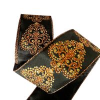 Band mit Drahtkante 63mm - Weihnachtsbaum Schwarz Gold Kupfer Glanz Glitzer (Rolle 3 Meter)