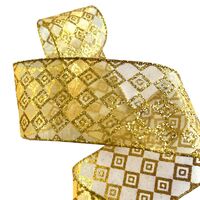 Band mit Drahtkante 63mm - Organza Vintage Karo Quadrat Klein Gold Glanz Glitzer (Rolle 5 Meter)