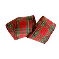 Band mit Drahtkante 63mm -  Webband Karo Tartan Rot Grün Schwarz (Rolle 3 Meter)