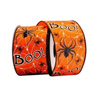 Band mit Drahtkante 63mm - Halloween Band Boo! Spinnen Orange Schwarz Silber Weiß Glanz Glitzer (Rolle 3 Meter)