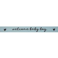 Baby Ripsband 10mm - Welcome Baby Boy Herz Hell Blau Schwarz