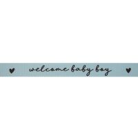 Baby Ripsband 10mm (Rolle 10 Meter) - Welcome Baby Boy Herz Hell Blau Schwarz