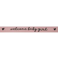 Baby Ripsband 10mm - Welcome Baby Girl Herz Hell Rosa Schwarz