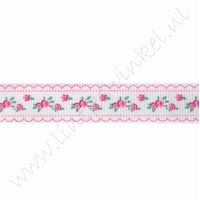 Ripsband Blumen 16mm (Rolle 22 Meter) - Rosen Borte Weiß Rosa