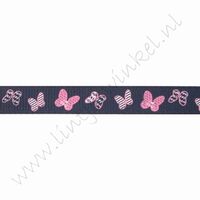 Ripsband Aufdruck 10mm (Rolle 22 Meter) - Schmetterlinge Marine Rosa